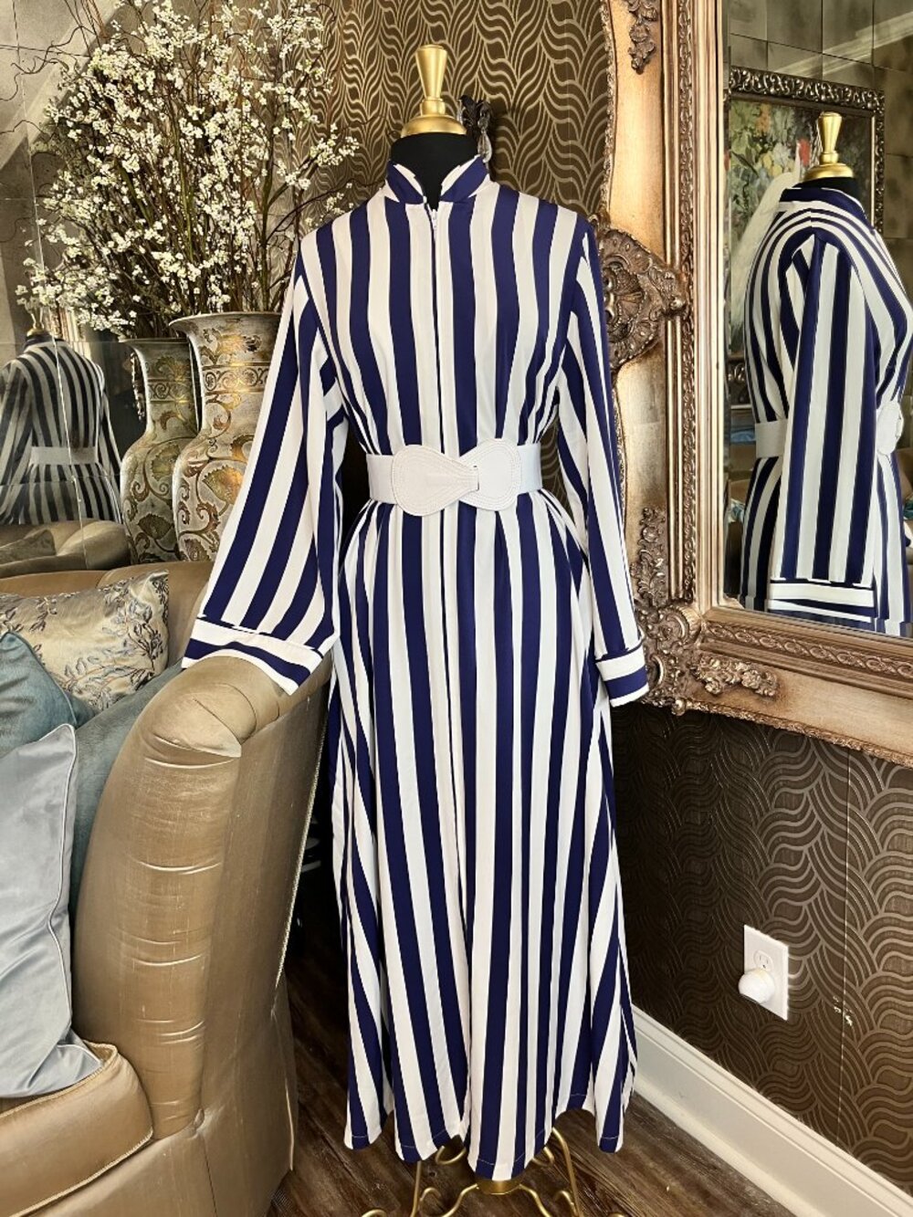 Vintage navy white striped maxi dress